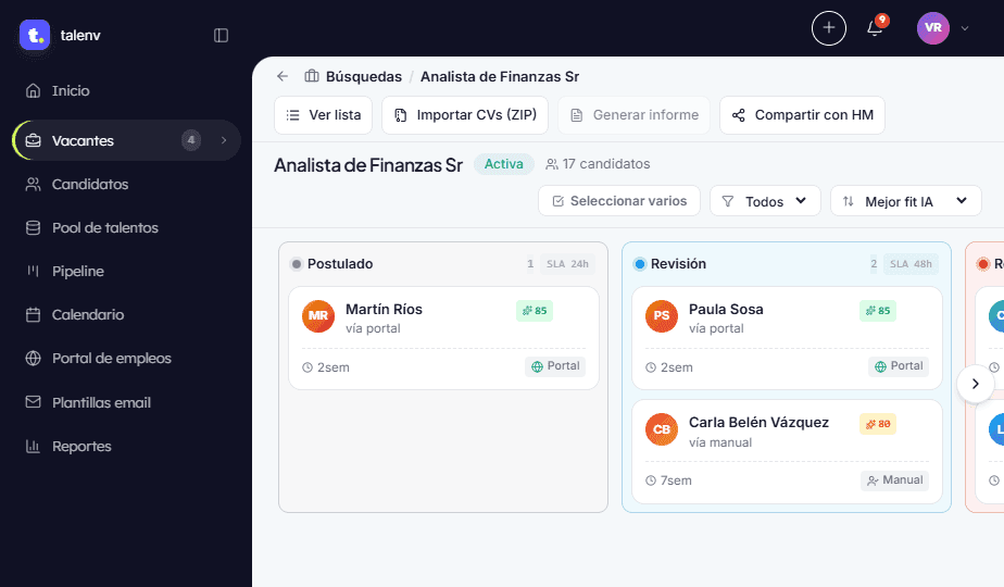 Pipeline kanban con candidatos rankeados por fit en etapas configurables