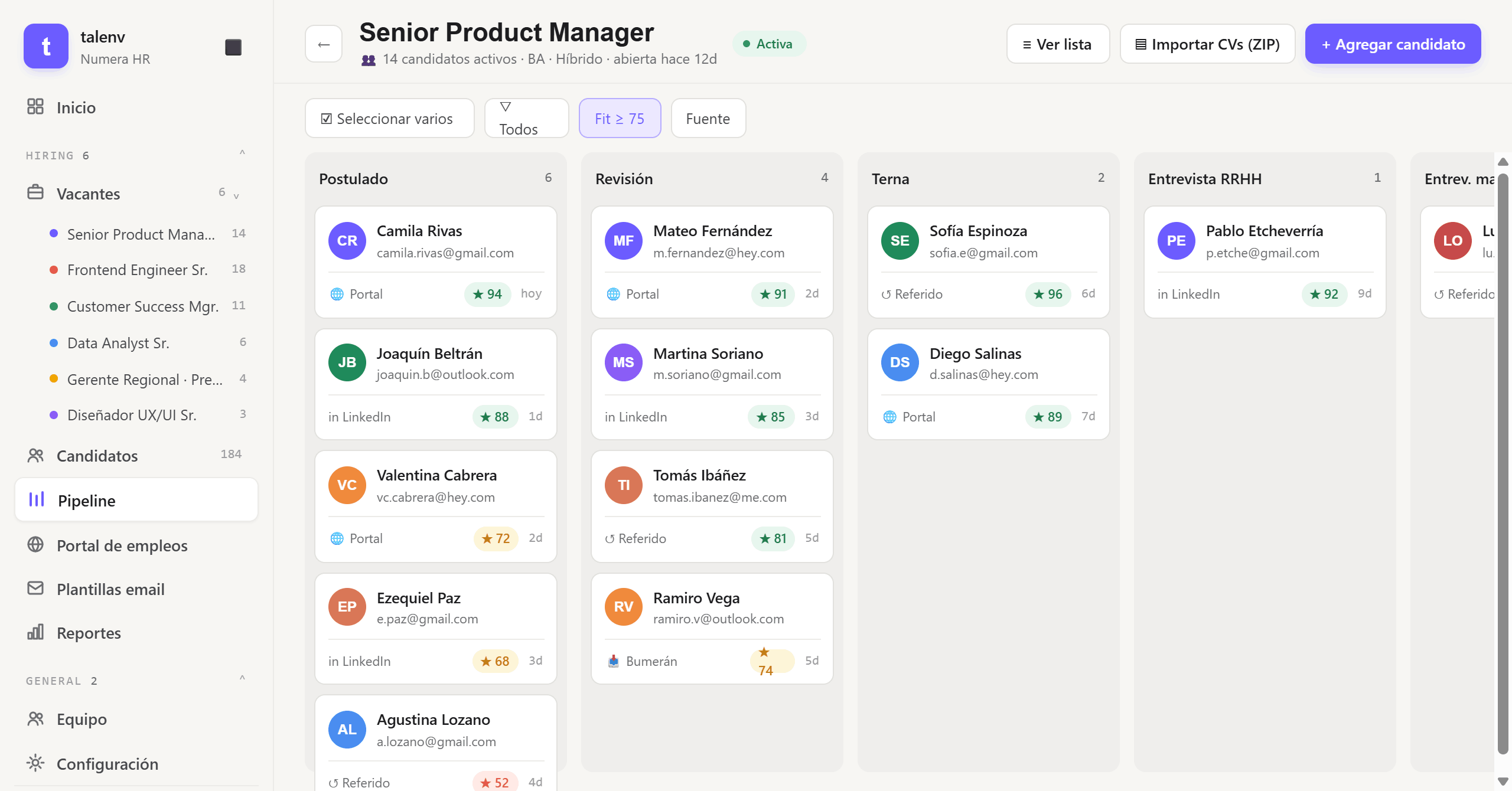 Pipeline kanban con candidatos rankeados por fit en etapas configurables